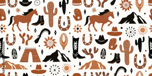 Seamless pattern of rustic western cowboy elements with horses cacti boots hats and horseshoes