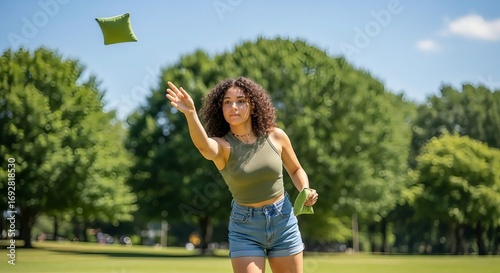 Young woman throwing beanbag during game of cornhole on summer day
