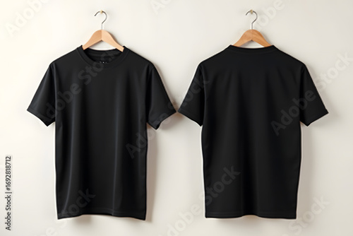 Front and back view of a plain black tshirt hanging on a wooden hanger against a white wall, showcasing its design and texture