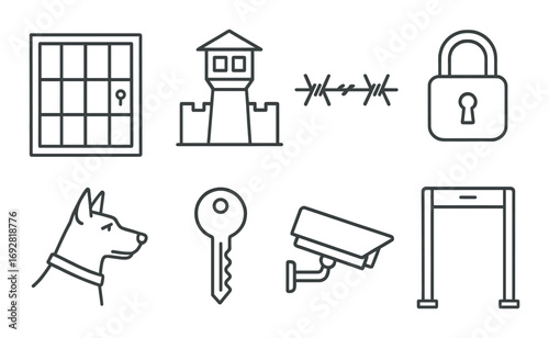 Prison security elements: surveillance, lock, key, guard dog, barbed wire, metal detector
