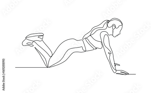 Continuous line drawing of sporty woman push up work out. Single line art of gym fitness and healthy life style. Vector illustration