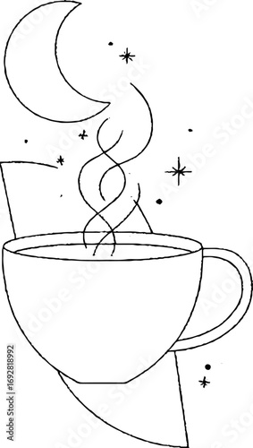 Minimalist line art of cauldron with mystical elements for boho tattoo design