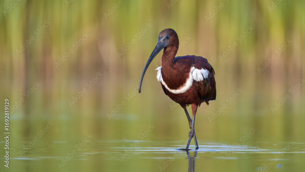 Obraz premium Glossy Ibis Foraging in Shallow Waters A Stunning Image of a Wading Bird with a Curved Beak Searching for Food in a Wetland Environment with Greenery