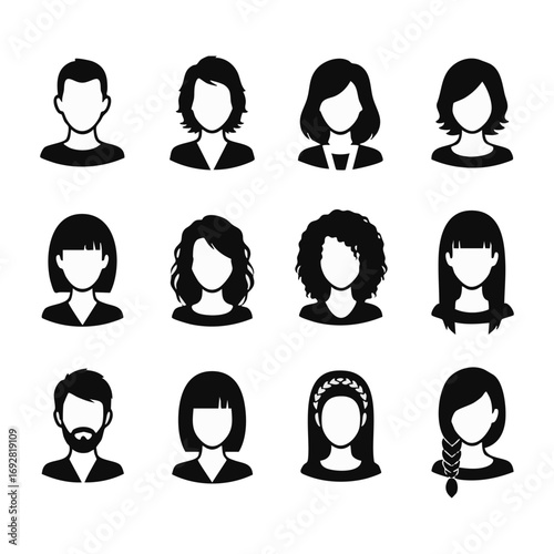 Set of diverse avatars with various hairstyles and facial features, representing different people and profiles, suitable for user identification and online communities