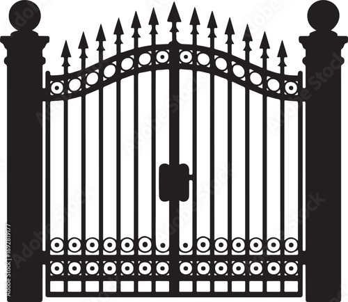 Ornate wrought iron double gate with decorative finials and pillars silhouette isolated on white background