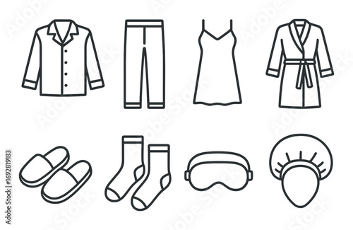 Nightwear essentials: pajamas, robe, slippers, socks, sleep mask, headband icons