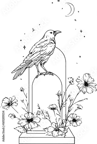 Minimalist line art of crow perched with floral elements for aesthetic design