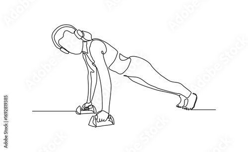 Continuous line drawing of sporty woman push up work out. Single line art of gym fitness and healthy life style. Vector illustration