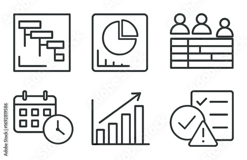 Monochrome business icons representing charts, calendar, graphs, teamwork, and checklist