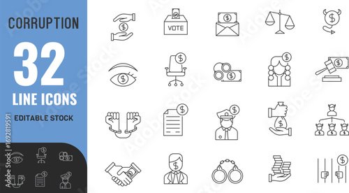 Corruption editable icon set.  Crime, illegal, bribery, laundering, justice, law, government, anti, election, bill, duty  . vector illustration