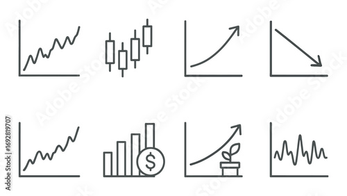 Set of graph icons representing economic trends and market analysis