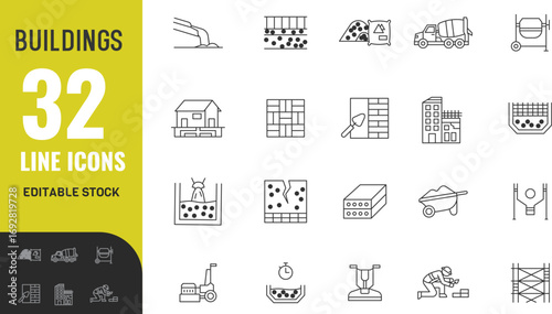 Building  editable icon set. Real estate, icon, apartment, residential, school, hospital, architecture, road, skyscraper, house, estate, business, administration, home, aerodro   . vector illustration