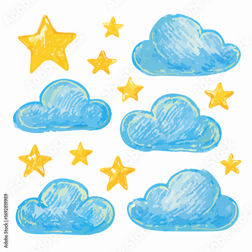 Collection of crayon drawn blue clouds and yellow cute stars in kid's style. Pencil drawings childish icons isolated on white.