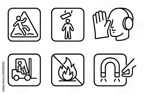 Safety warning icons: slippery surface, falling objects, hearing protection, forklift, flammable, magnetic