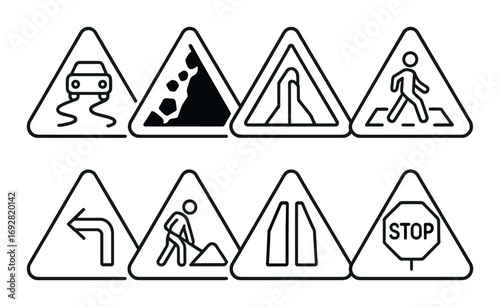 Set of road safety warning signs featuring vehicles and pedestrians