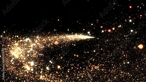 Golden Star Trail Flying Forming Ring on Black Background. Twinkling Particles Floating in the Air. Gold Dust Glowing Bokeh Moving Magic Style 3d Animation. Christmas Design Element Overlay Screen 4k.