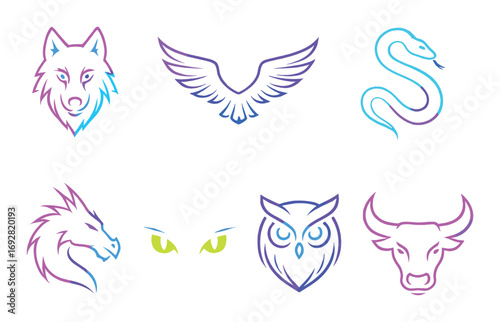 Vibrant neon animal symbols: wolf, eagle, snake, dragon, owl, bull, eyes