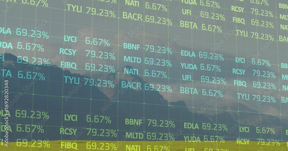 Fototapeta premium Overlaying translucent financial tickers over mountain meadow, with stock codes and percent values
