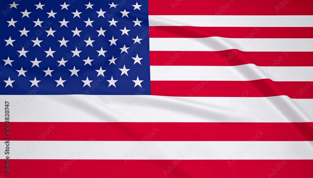 Naklejka premium United States national flag with thirteen alternating red and white horizontal stripes and blue canton containing fifty white stars in staggered rows, symbolizing original colonies, fifty states, unit