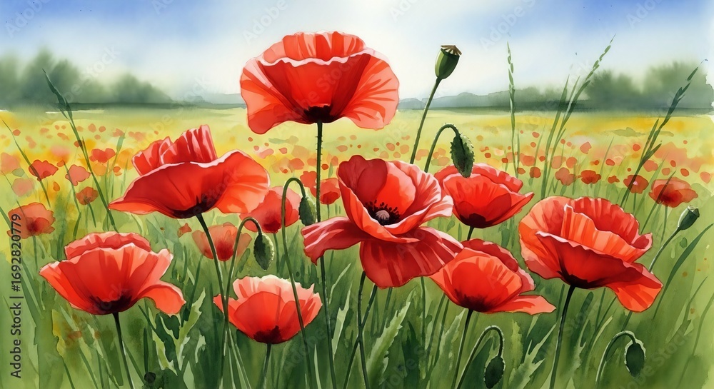 Obraz premium Watercolor painting of a field of red poppies with green grass and trees