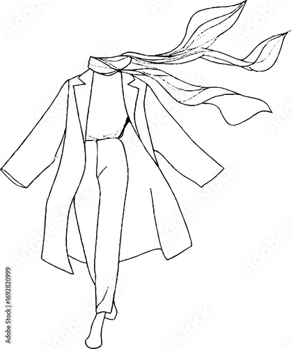 Minimalist line art fashion silhouette with flowing scarf for design
