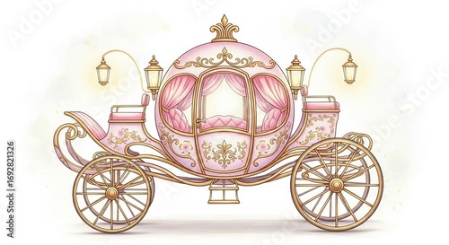 Elegant pink carriage isolated on white background for a princess or fairy tale