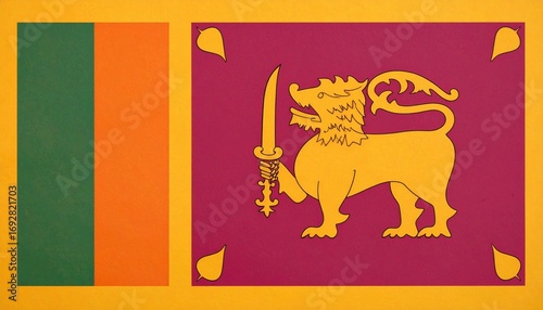 Sri Lanka national flag with maroon field featuring golden lion holding sword and four bo leaves, bordered in yellow, with vertical green and orange stripes on hoist side, symbolizing bravery, soverei