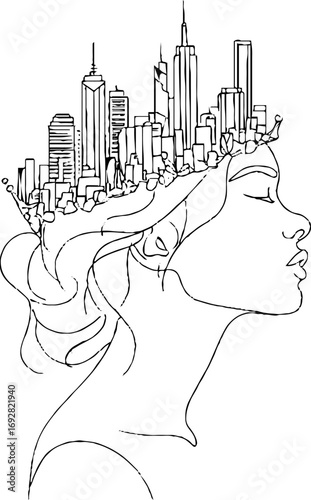 Minimalist line art of female profile with urban skyline headpiece for modern design