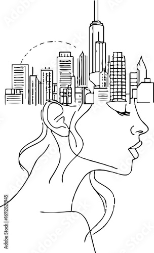 Minimalist line art illustration of female profile with urban skyline integration