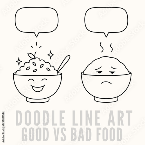Food Doodle Healthy Oatmeal vs Unhealthy Bowl Cartoon with Speech Bubbles