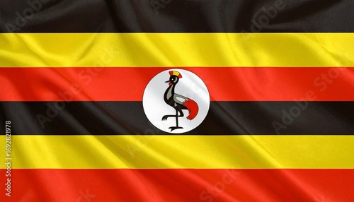 Free Download Uganda national flag with six horizontal stripes alternating black, yellow, and red, featuring central white circle with grey crowned crane standing on one leg, symbolizing African identity, sunshine, - GFXLoad