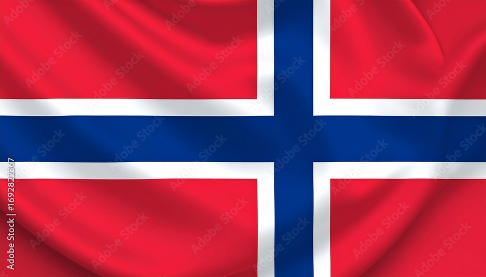 Fototapeta premium Norway national flag with red field and off-center blue Nordic cross outlined in white, symbolizing national pride, Scandinavian heritage, and historical unity.