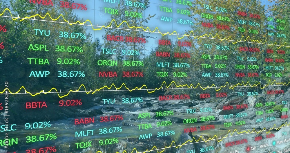 Obraz premium Displaying screen overlaying stock tickers with yellow line graphs on rocky river with conifers