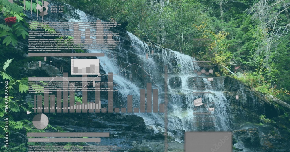Fototapeta premium Cascading waterfall flowing over mossy rock ledges at forest creek pool, with data overlays