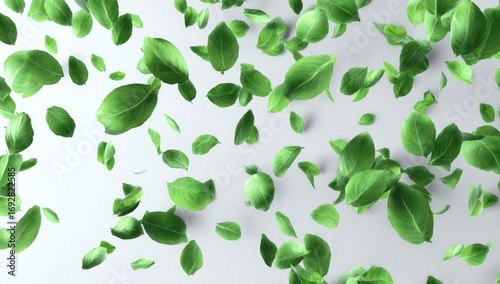 Fresh basil leaves falling against a bright white background