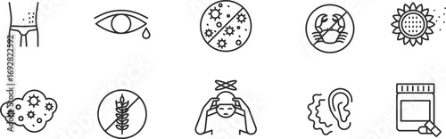 Allergic Item line Icon Set .  Disease, symptom, reaction, rash, hives, asthma, eczema, gluten, nut, milk, egg, wheat, dairy, seafood . Vector Illustration	
