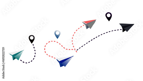 Colorful paper airplanes flying on route .vector icon