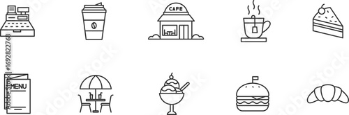 Cafeteria  Item line Icon Set .  Lunch, dinner, breakfast, meal, restaurant, kitchen  . Vector Illustration	
