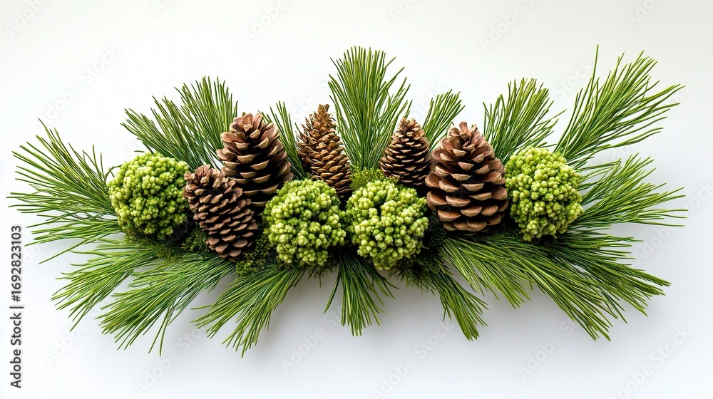 Fototapeta premium Isolated on a white background, a brown pine cone rests on a green pine branch