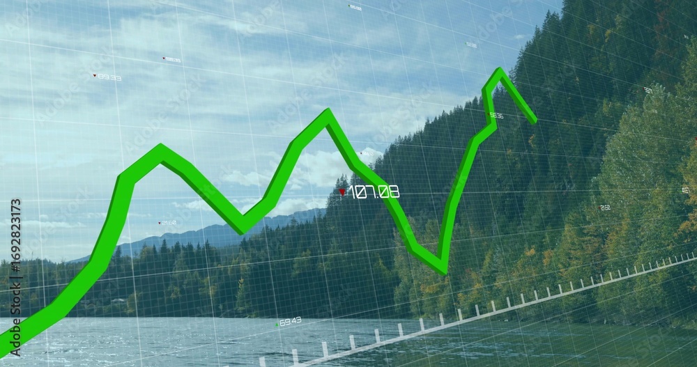Fototapeta premium Charting green zigzag line graph over translucent grid on lake and forest view, showing data labels
