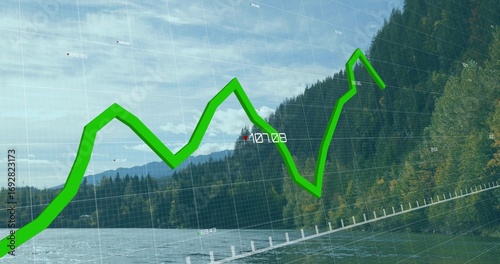 Charting green zigzag line graph over translucent grid on lake and forest view, showing data labels