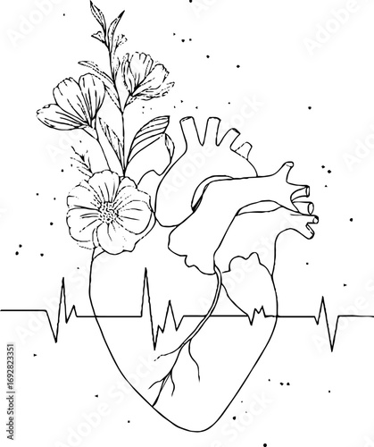 Minimalist heart line art with floral motif and ekg design for tattoos and aesthetic decor