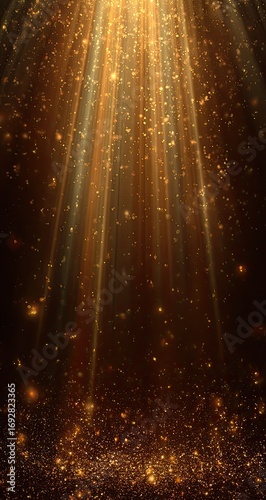 Golden light beams from above, illuminating a dark, glittery surface