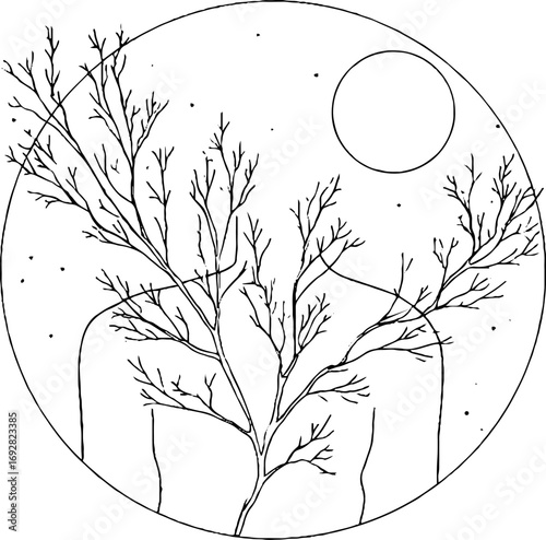 Minimalist line art featuring human silhouette with branches and moon for aesthetic design