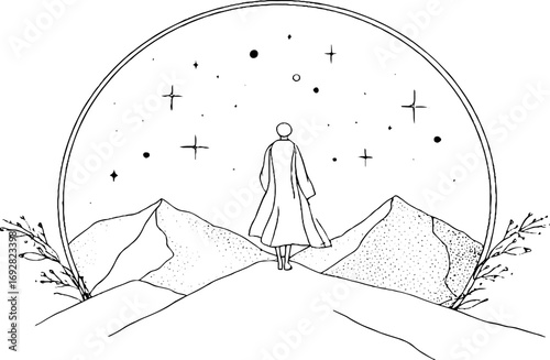 Minimalist line art of human silhouette in cosmic mountain landscape