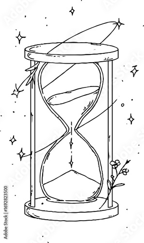 Minimalist line art of hourglass with celestial and botanical motifs for wall art or tattoo design