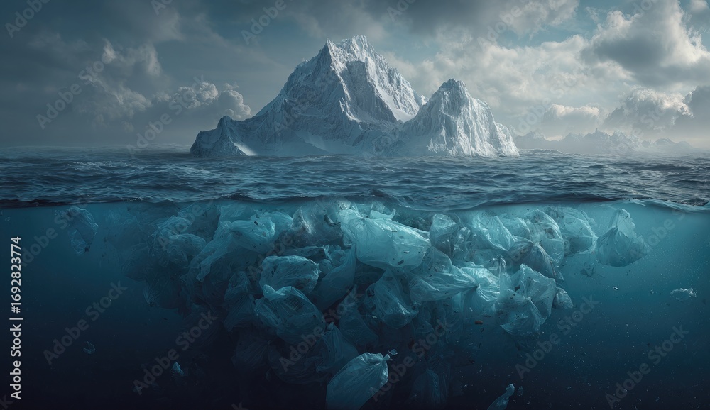 Fototapeta premium Iceberg submerged in ocean plastic waste. Dramatic split view