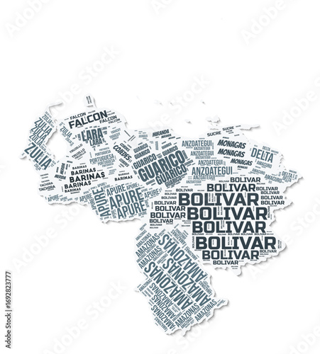 Venezuela shape text cloud. Country border with shadow on white background. Venezuela with regions division in vintage gazette style. Vibrant vector illustration.