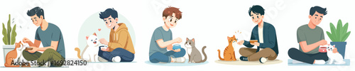 vector of a man feeding a pet cat
