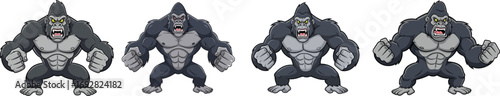 Angry cartoon gorilla in powerful fighting poses, strong muscular wild ape character illustration, aggressive stance vector, jungle animal mascot, beast fighter design
